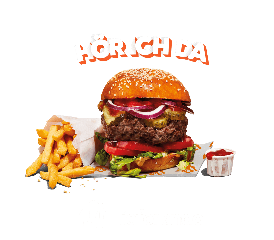 Grafik des Slogans Hör ich da über einem Burger mit Pommes und Ketchup auf orangem Hintergrund; darunter das Logo von Lieferando